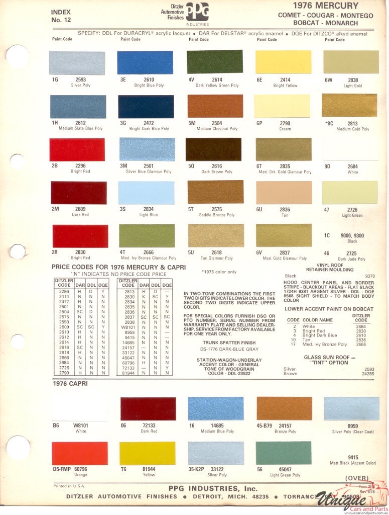1976 Mercury Paint Charts Ford Paint Charts Capri PPG